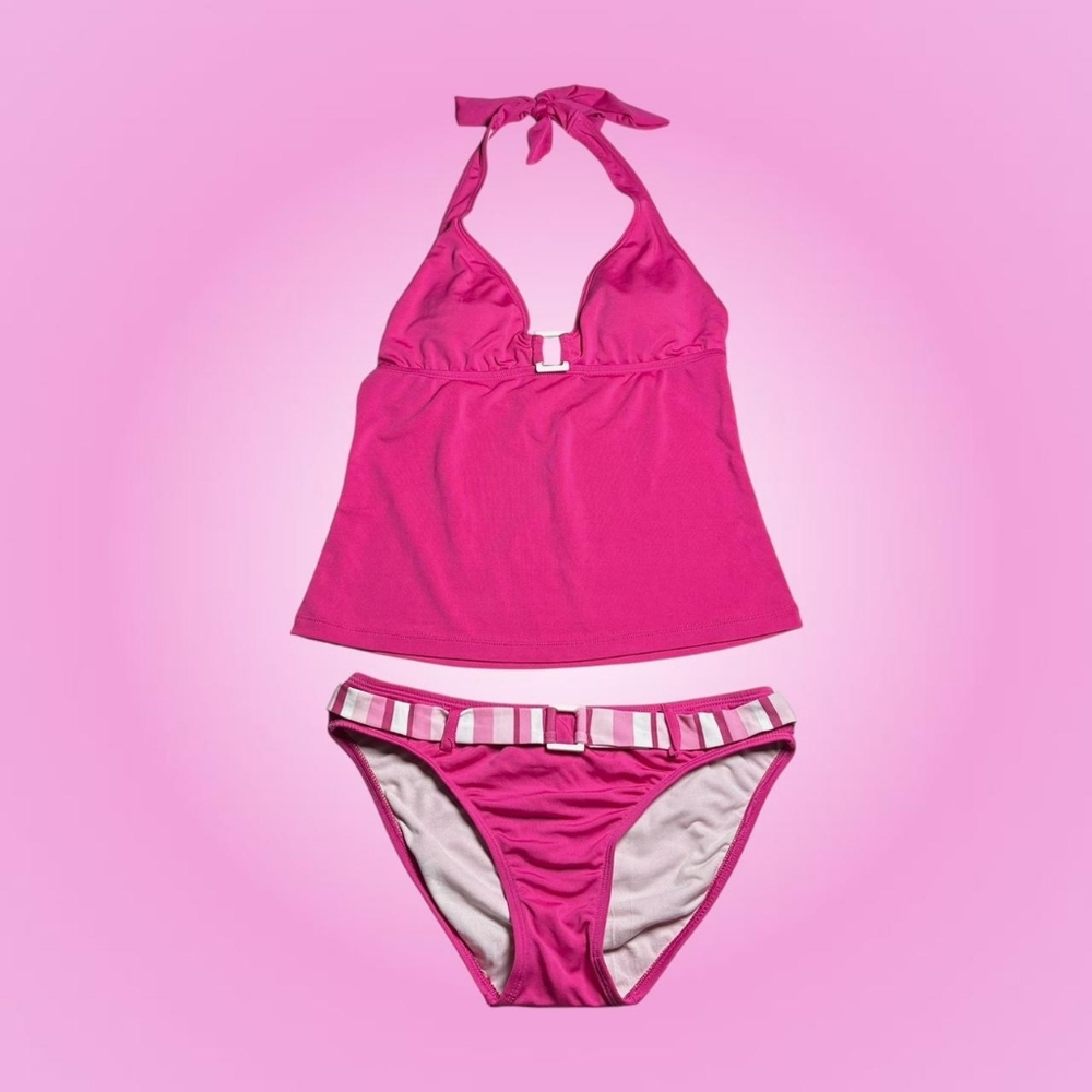 Sun Blush Women's Hot Pink and White Striped Belt Halter Top Bikini Set